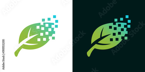 Digital leaf illustration showcasing green leaves with pixelated elements on contrasting backgrounds