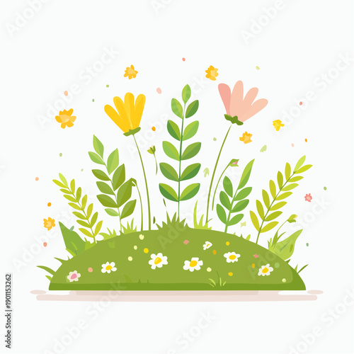 Vibrant spring meadow filled with blooming flowers and lush green grass, creating a cheerful scene