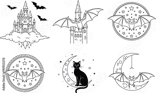 Fantasy Halloween illustration set with bats, flying castle, moonlit night scenes, witch cat silhouettes, magical spooky elements, black and white cartoon vector line art