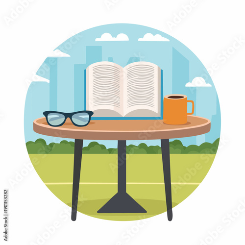 Open book, glasses, and coffee cup on a table in a park with city skyline
