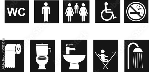 Public restroom and facility vector icons, WC, male female child, wheelchair accessible, no smoking, toilet, sink, shower, camping amenities illustration