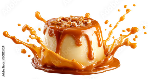 Creamy pudding caramel sauce toffee splash nut topping dessert sweet golden creamy texture rich indulgent flavors. Creamy pudding with caramel sauce and toffee splash erupts joyfully, isolated