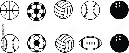 Black and white sports balls vector illustration, basketball, soccer ball, volleyball, baseball, football, bowling ball icons, simple grid design, silhouette artwork