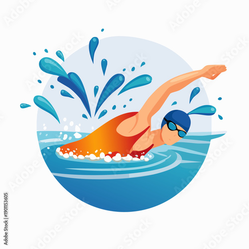 Dynamic illustration of a swimmer making a big splash in the water during a competitive swim