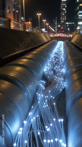 Fiber optic cables being installed in a urban tunnel at night with city lights in the background for telecommunications infrastructure development
