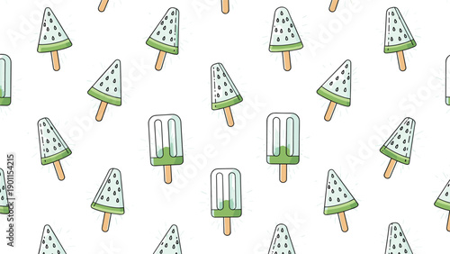 Refreshing seamless pattern featuring a delightful assortment of green ice pops in various shapes, perfect for a cool summer treat.