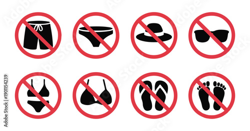 Collection of prohibited beach and pool items including shorts bikini hat sunglasses and bare feet