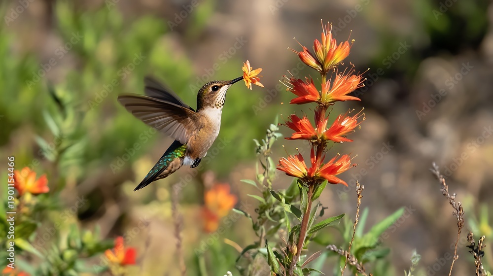 Naklejka premium A vibrant hummingbird sipping nectar from a bright flower in mid-flight 