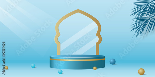 Ramadan podium display with Islamic arch window.