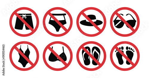 Set of prohibited beach items icons inside red circle symbols isolated on white background for water safety