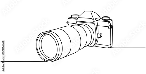 one line drawing of professional camera with long lens. Elegant continuous line art suitable for photography logos, creative icons, and modern art prints. Vector illustration