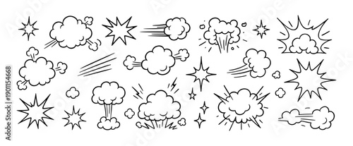 Comic explosion and smoke effect clouds doodle set. Black and white line art style for pop art, manga, and graphic design. Ideal for stickers, icons, and dynamic visuals. Vector illustration