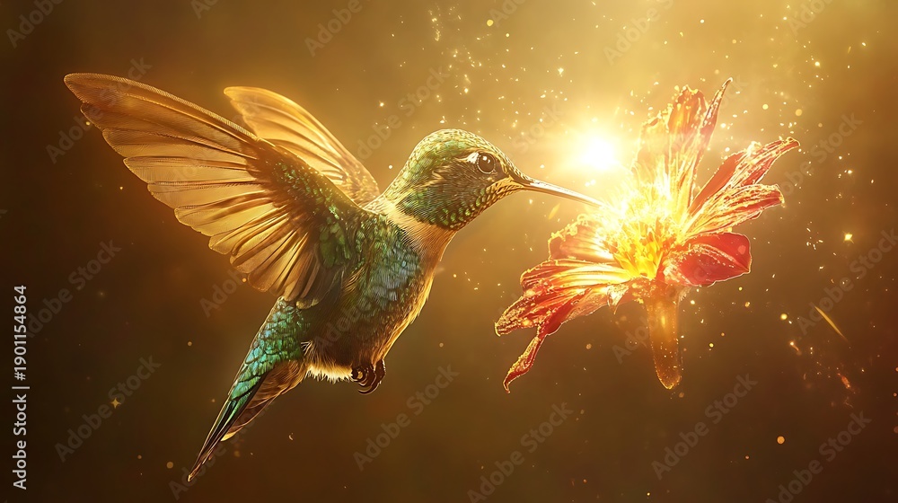 Naklejka premium A vibrant hummingbird sipping nectar from a bright flower in mid-flight 