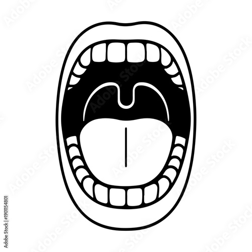 Open mouth showing teeth, tongue, and uvula. Black and white line art illustration. ideal for dental clinics, medical icons, and expressive stickers. Vector illustration
