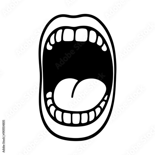 Open mouth showing teeth, tongue, and uvula. Black and white line art illustration. ideal for dental clinics, medical icons, and expressive stickers. Vector illustration