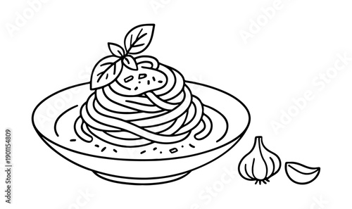Pasta. Plate of spaghetti topped with basil leaves, served with side of garlic. Black and white line art doodle style. ideal for Italian restaurant menus, coloring pages, and kitchen decor
