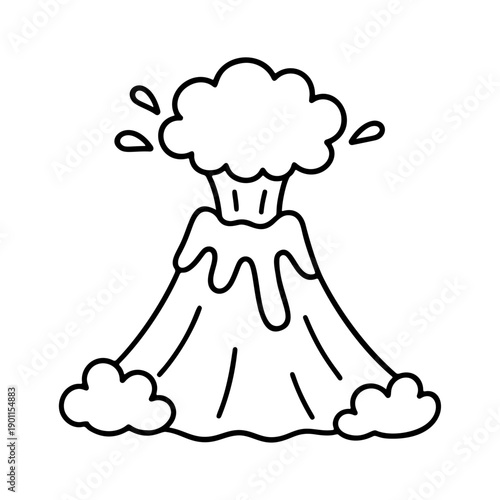 Erupting volcano with smoke clouds and lava flow. black and white line art doodle style, perfect for coloring pages, stickers, and educational icons. Vector illustration