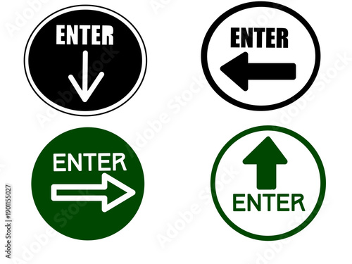 Hand drawn simple "enter" arrow sign. Set of black and green arrow signs collection.