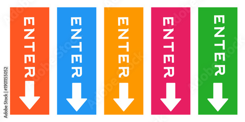 Hand drawn simple "enter" arrow sign. Collection of colorful arrows showing direction.