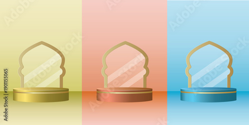 Ramadan podium display with Islamic arch window.