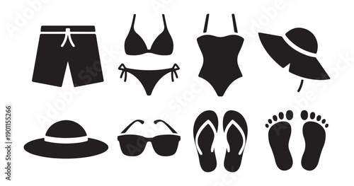 Summer beach essentials and vacation wear, set of eight black icons on isolated white background vector