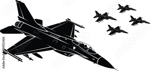 Black and white military fighter jet vector illustration featuring a large supersonic aircraft flying with a squadron of four planes in formation.
