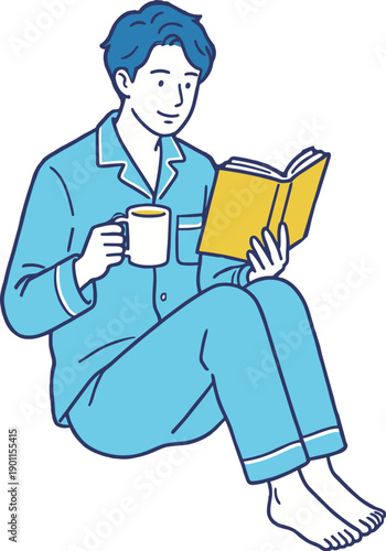 コーヒーを飲みながら読書する男性のリラックスタイムイラスト