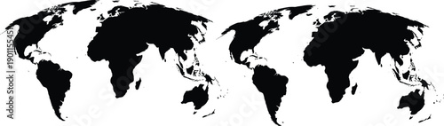 Set of Two Black World Map Silhouettes and Global Earth Geographic Outlines for International Business Logistics and Travel Design