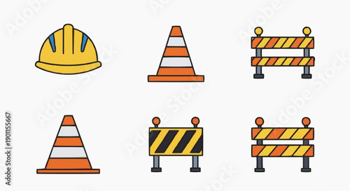Collection of safety equipment and warning signs displayed on a plain white background from a direct viewpoint, relating to construction site preparation