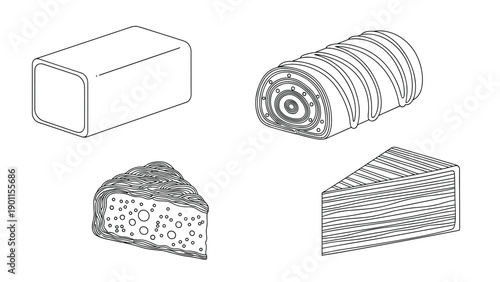 Elegant line art set featuring four distinct shapes of delicious desserts or pastries, perfect for culinary and bakery-themed designs.