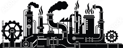 Black industrial factory silhouette featuring smoking chimneys, complex piping systems, large gears, and manufacturing machinery icons for engineering and heavy industry plant designs.