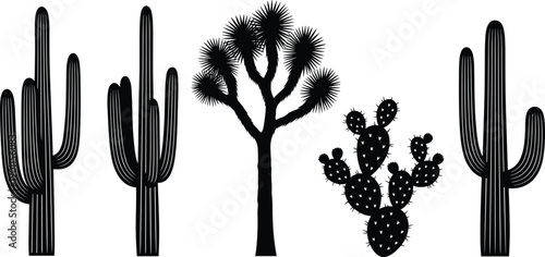 Collection of black desert plant silhouettes featuring saguaro cactus, joshua tree, and prickly pear icons for southwestern landscape design and wild west graphics.