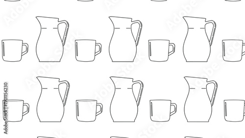 Minimalist seamless pattern featuring repeated line art illustrations of various pitchers and mugs, perfect for kitchen-themed designs.