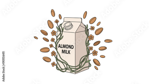 Beautiful illustration of an almond milk carton adorned with delicate floral vines and surrounded by natural almonds, emphasizing a healthy, plant-based lifestyle.