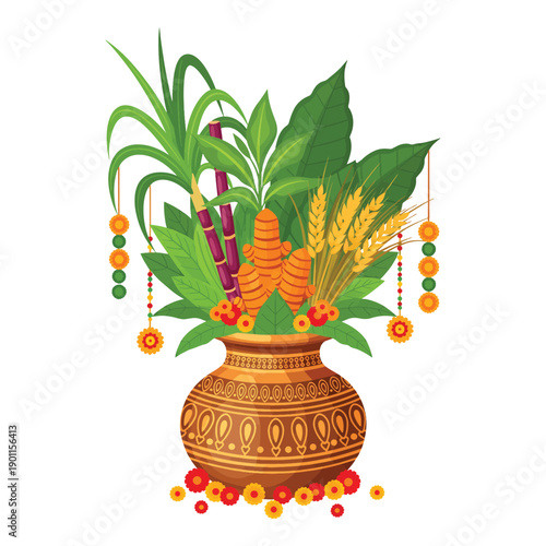 Traditional Pongal pot with turmeric and sugarcane