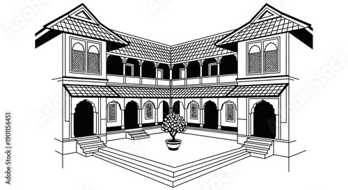 Minimalist line art illustration of a traditional mansion with courtyard and arched balconies.