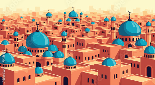 Expansive pixel art cityscape of a traditional Middle Eastern city, featuring countless sand-colored buildings and vibrant blue-domed mosques under a hazy, warm desert sky.