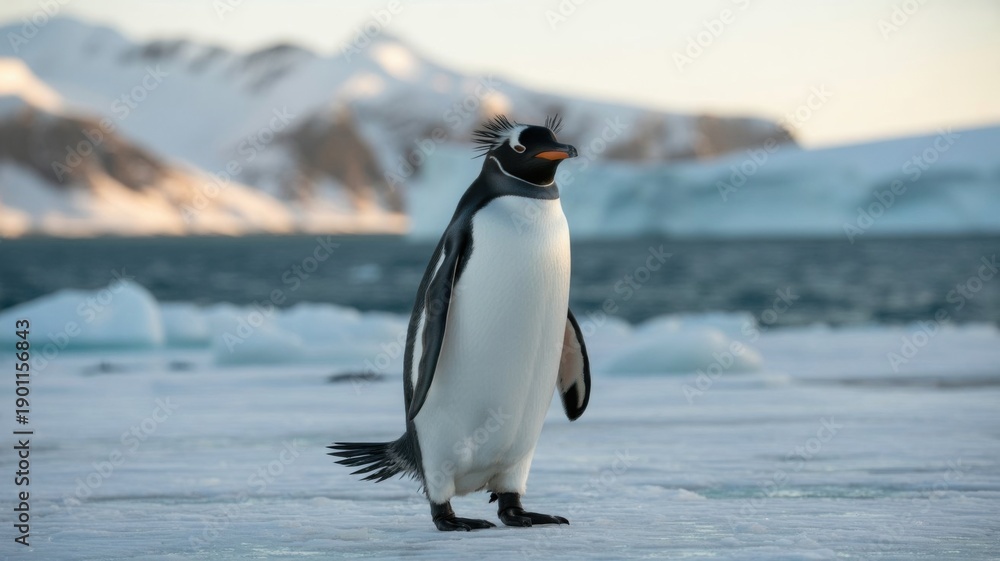 Obraz premium Penguin Walks Along Icy Coastline Near Ocean With Mountain Backdrop in Low Sunlight