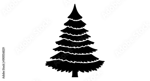 Black Christmas Tree Silhouette Isolated on White Background
