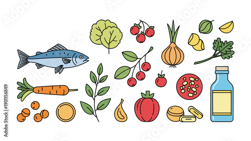 Diverse collection of nutritious food items, including fresh fish, vegetables, berries, herbs, and supplements, promoting a healthy and balanced diet.