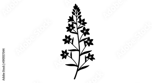 Black Silhouette Flowering Plant with Leaves Isolated on White Background