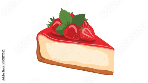 Delectable illustration of a rich strawberry cheesecake slice, generously topped with fresh strawberries and a vibrant red glaze, a sweet dessert.
