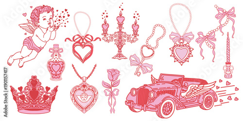 Vector illustration set featuring retro car, pendants, necklace, cupid, rose, love potion, candles and crown. Elegant Valentine design elements for romantic graphics and promotions.