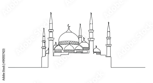 Elegant continuous line art drawing of a grand mosque, featuring multiple domes and towering minarets, captured in a minimalist and artistic white background illustration.