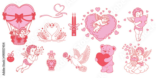 Vector illustration set with cupids, pair of swans, love potion, dove with rose, candles and cherry. Romantic Valentine design elements for cards, banners, invitations and festive promotions