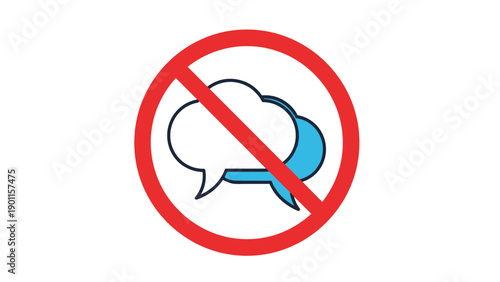 Red crossed-out circle over two overlapping speech bubbles, symbolizing a prohibition or restriction on communication and discussion.