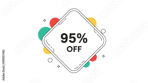 Stylish black line art frame with rounded corners containing "95% OFF" text, surrounded by colorful circles, representing a high discount offer.
