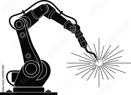 Industrial robotic arm silhouette performing precision welding with bright sparks for automated manufacturing factory technology and modern mechanical engineering production line designs.