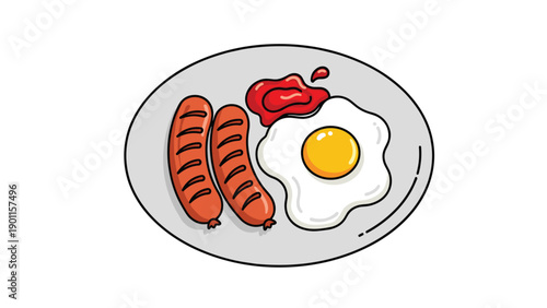 Cartoon illustration of a breakfast plate featuring a sunny-side-up fried egg, two grilled sausages, and a dollop of ketchup.