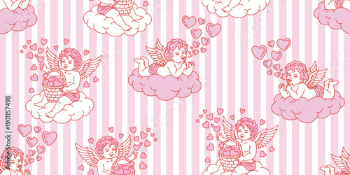 Seamless pattern with cute Cupids sitting on clouds, blowing heart bubbles and spreading hearts. Playful Valentines Day design for textile printing and romantic decor.